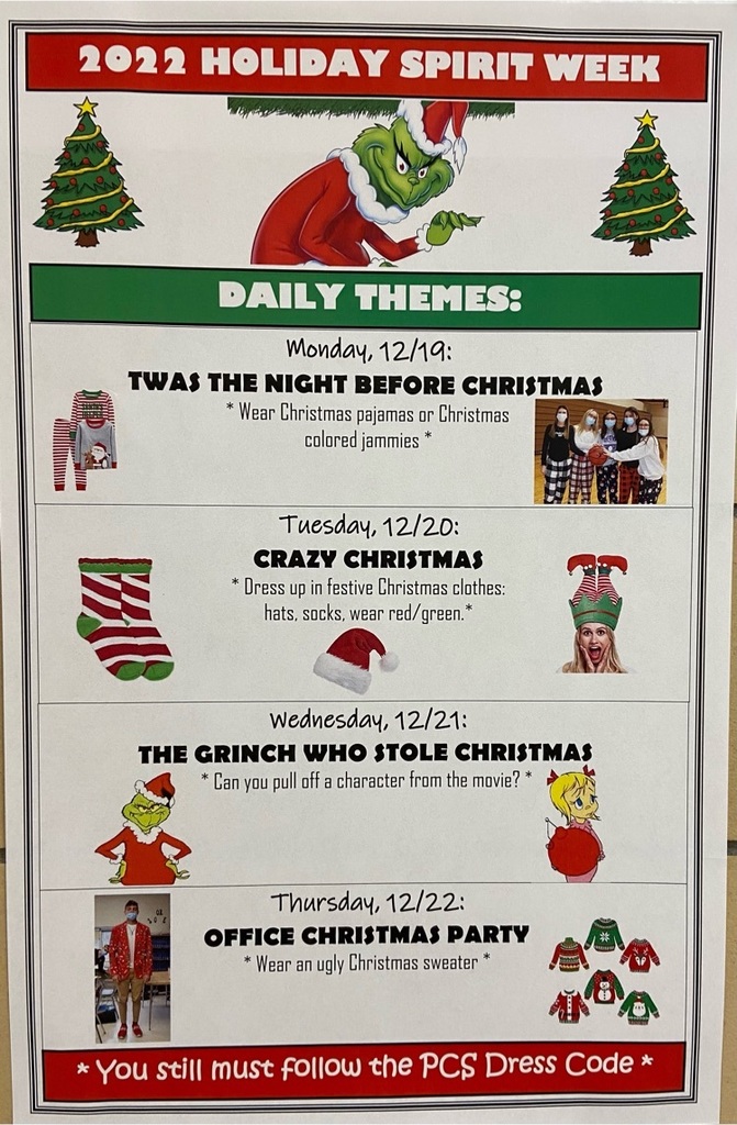 Holiday Spirit Week starts next week.  check out the following: